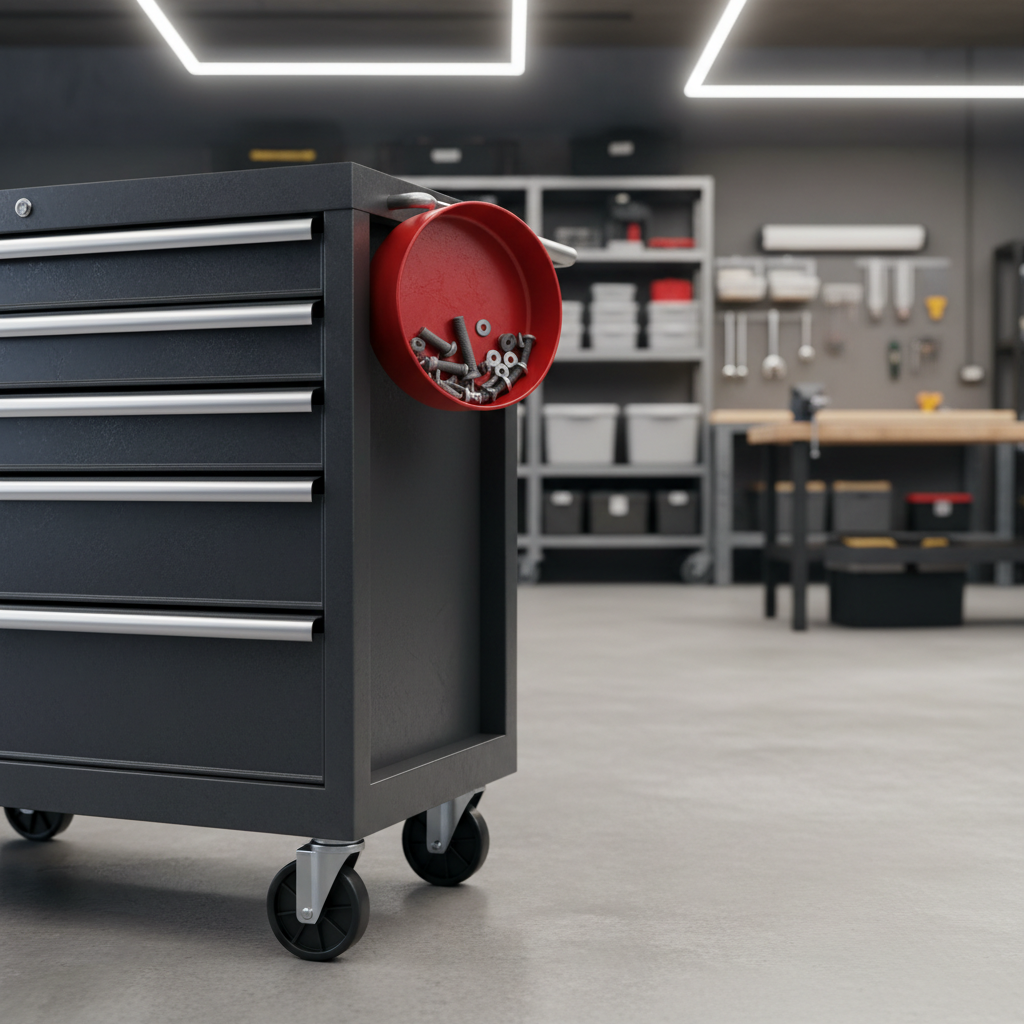 Magnetic parts tray mounted to a steel tool cart for easy access