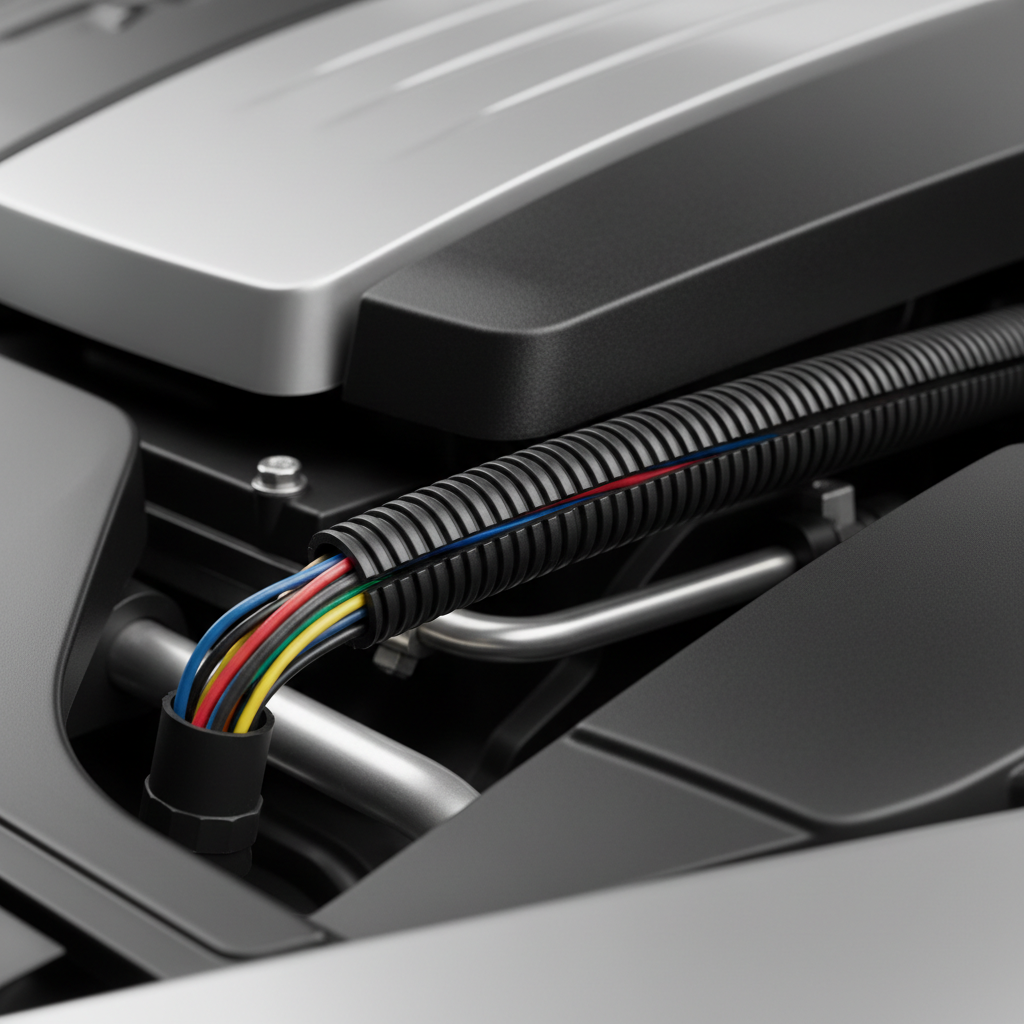 Split wire loom tubing protecting an automotive wiring harness in an engine bay