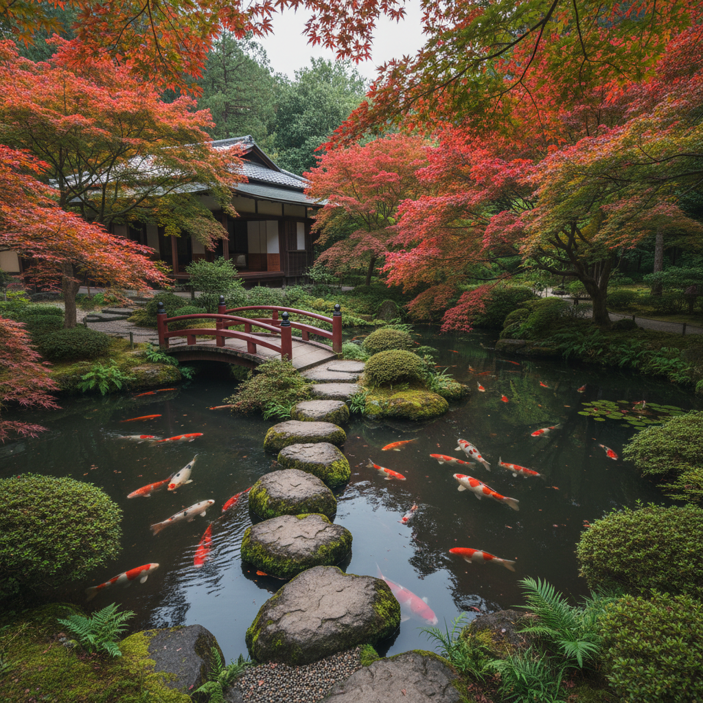 Japanese garden scene with koi pond, maple trees, and stone path