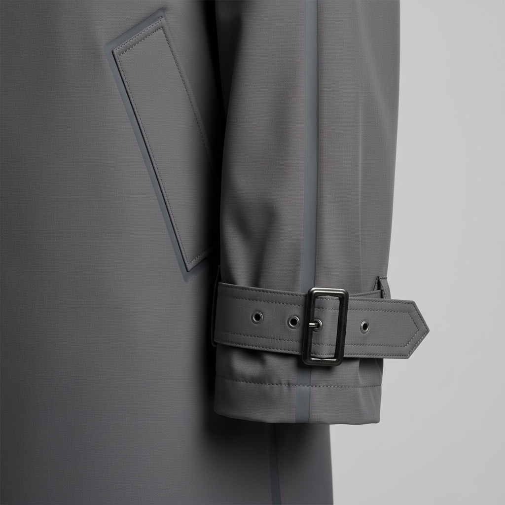 Close-up of trench coat details: storm flap, cuff strap, and taped seam