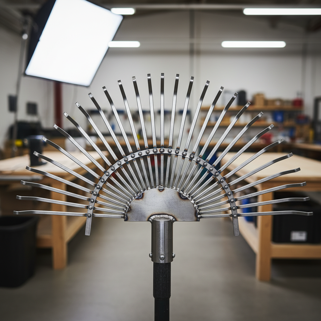 Close-up of metal rake tines and reinforced collar connection