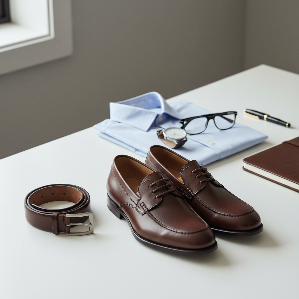 Men choosing smart office shoes and belt with matching leather tones