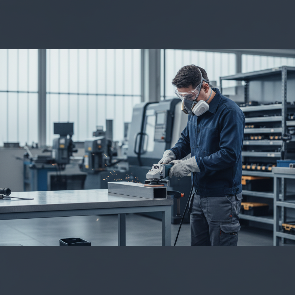 Operator using an angle grinder with a flap disc at a shallow angle for controlled sanding