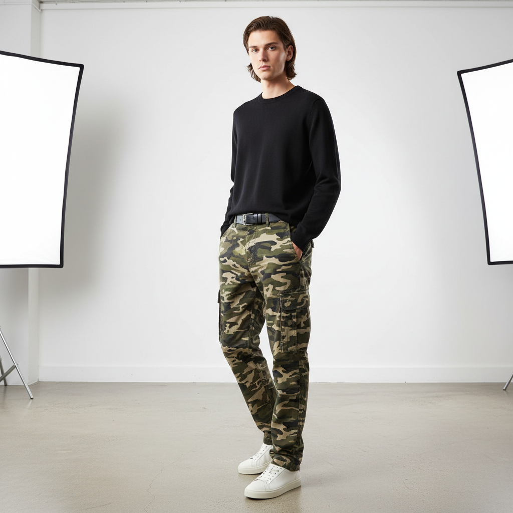 Casual outfit with camouflage pants and black top styled with minimal accessories