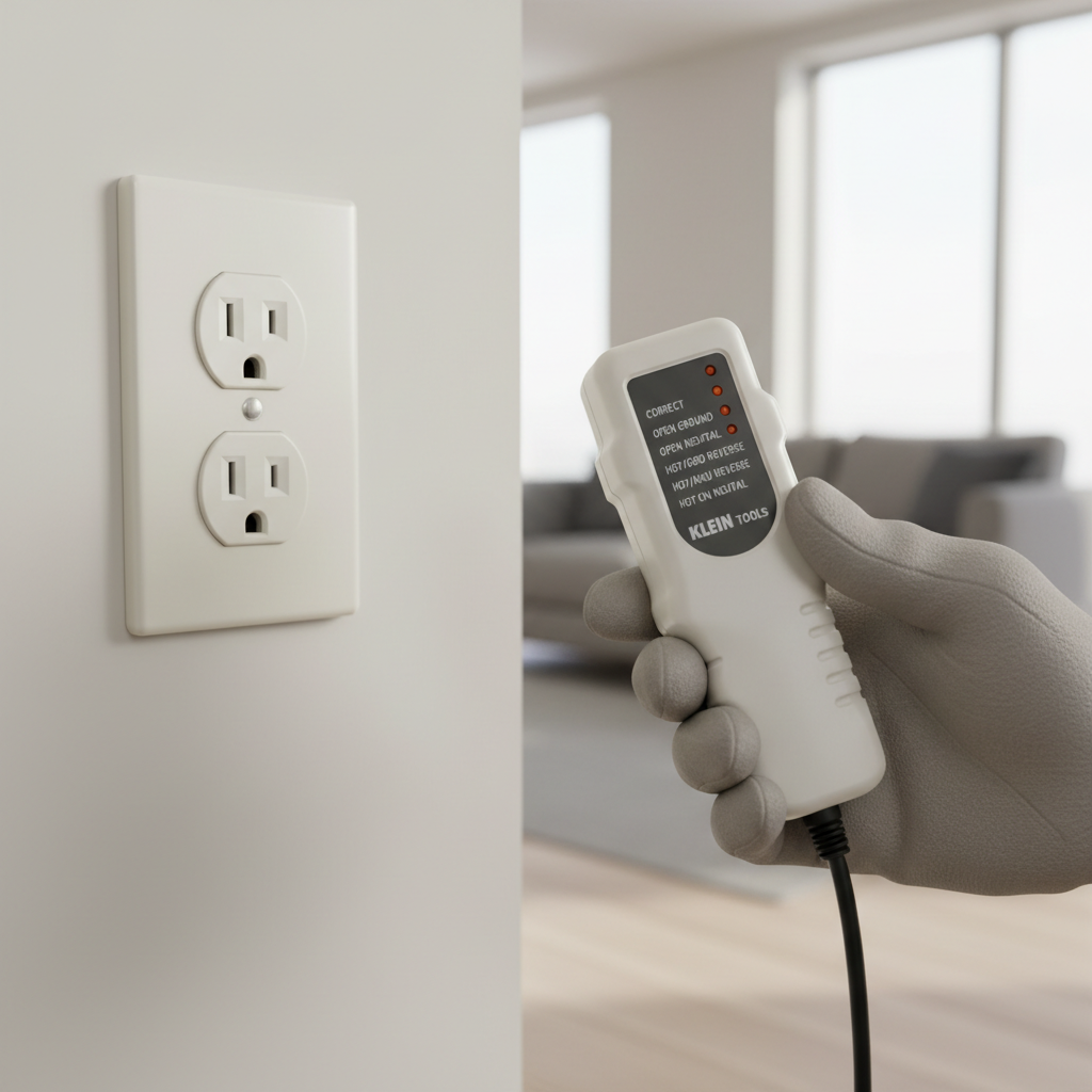 Outlet tester light legend chart on the tool next to a receptacle for interpreting wiring results