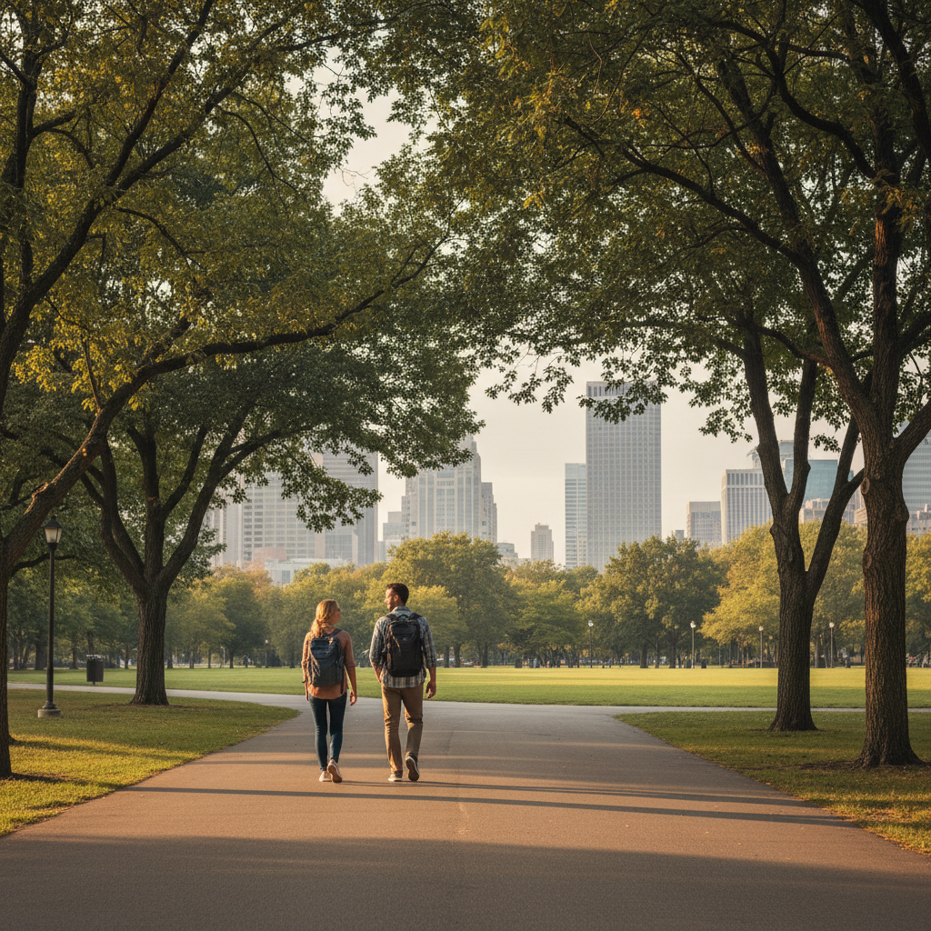 Couple walking a tree-lined path in a downtown urban park