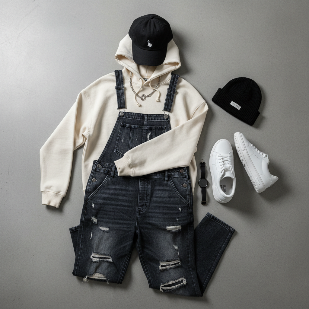 Streetwear outfit flat lay with denim overalls, hoodie, cap, and sneakers