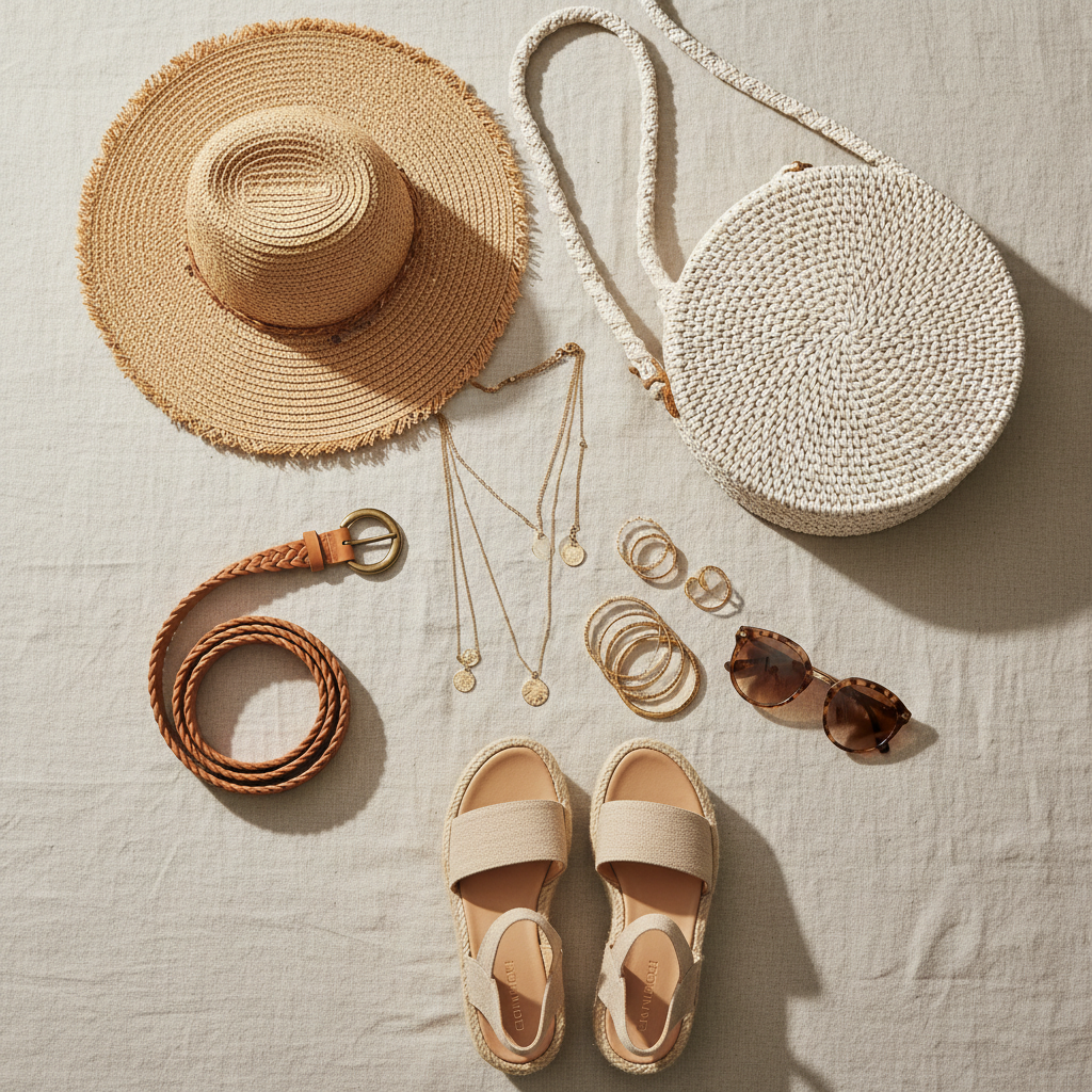 Flat lay boho accessories for styling maxi dresses in summer
