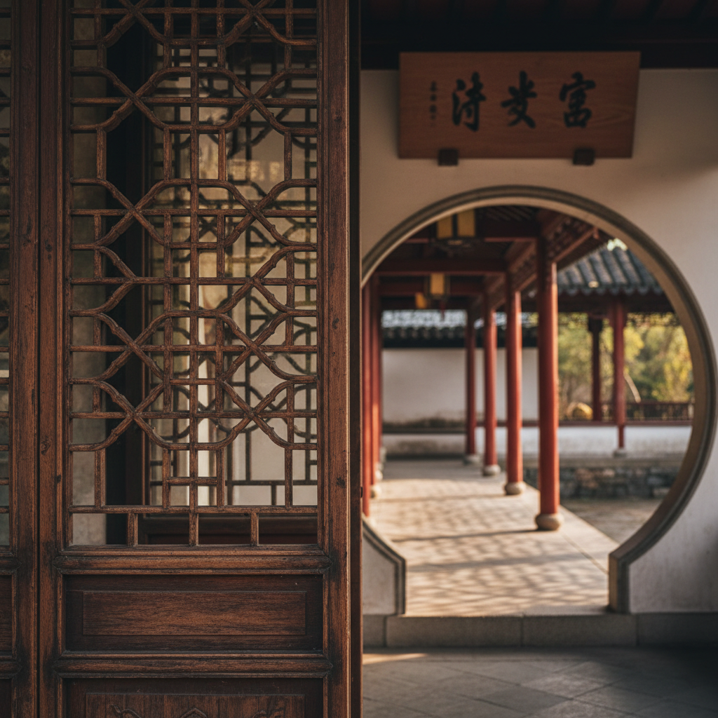 Close-up of Chinese garden details: lattice window, calligraphy plaque, and corridor