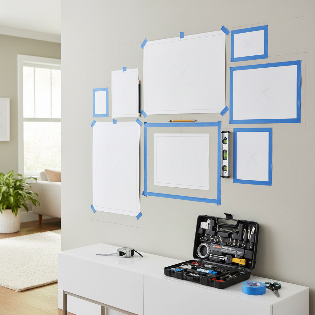 Gallery wall planning with templates, tape measure, and picture hanging tool kit