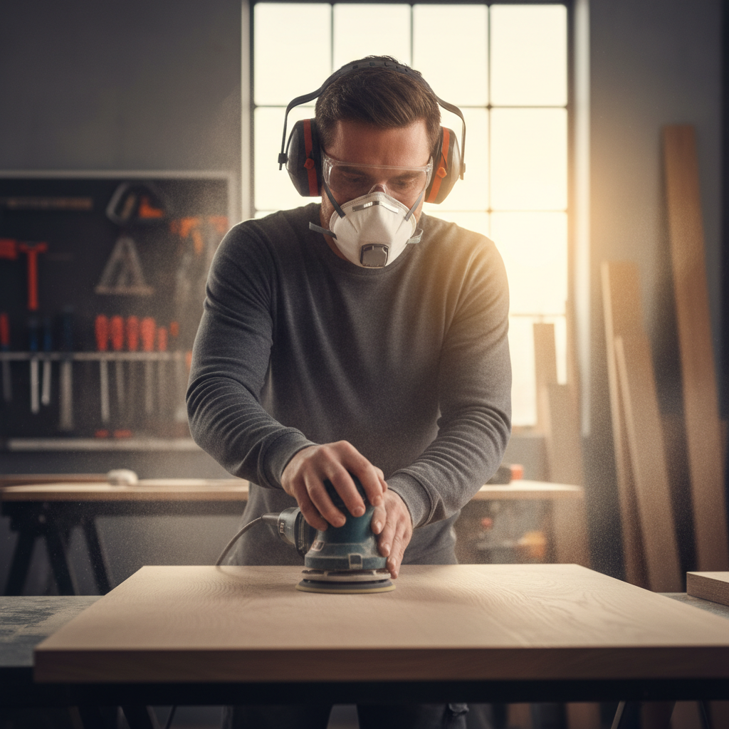 Disposable dust mask respirator being worn during wood sanding in a workshop