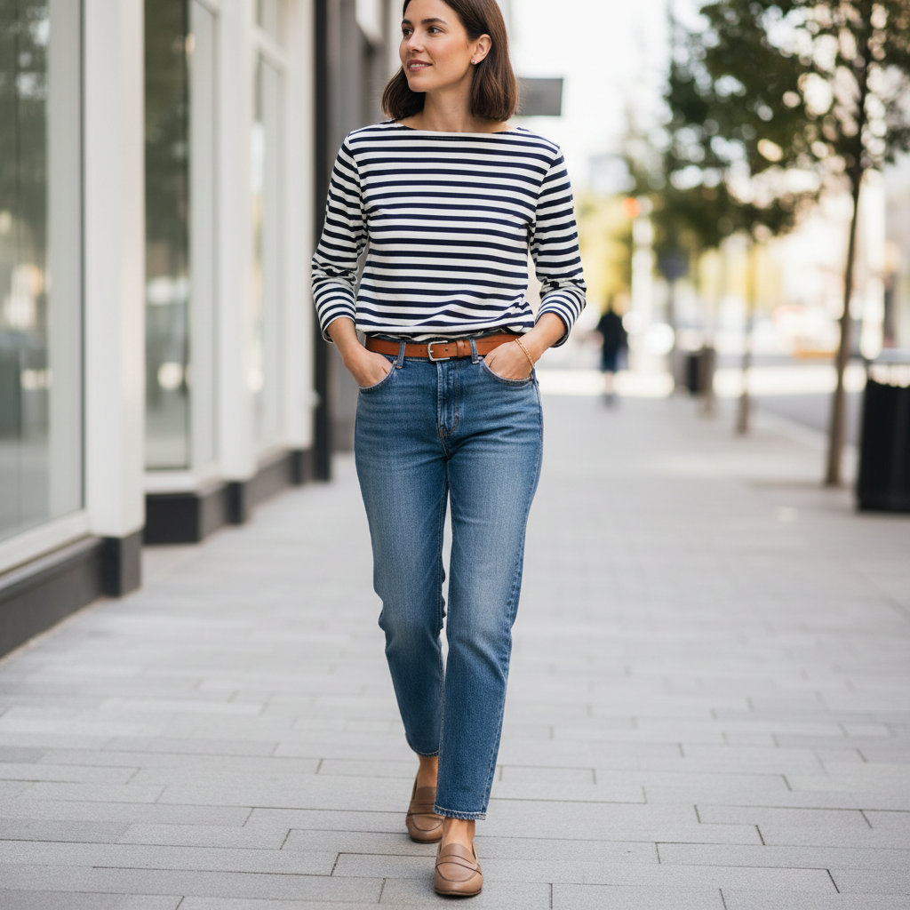 Classic striped shirt outfit with denim and neutral accessories