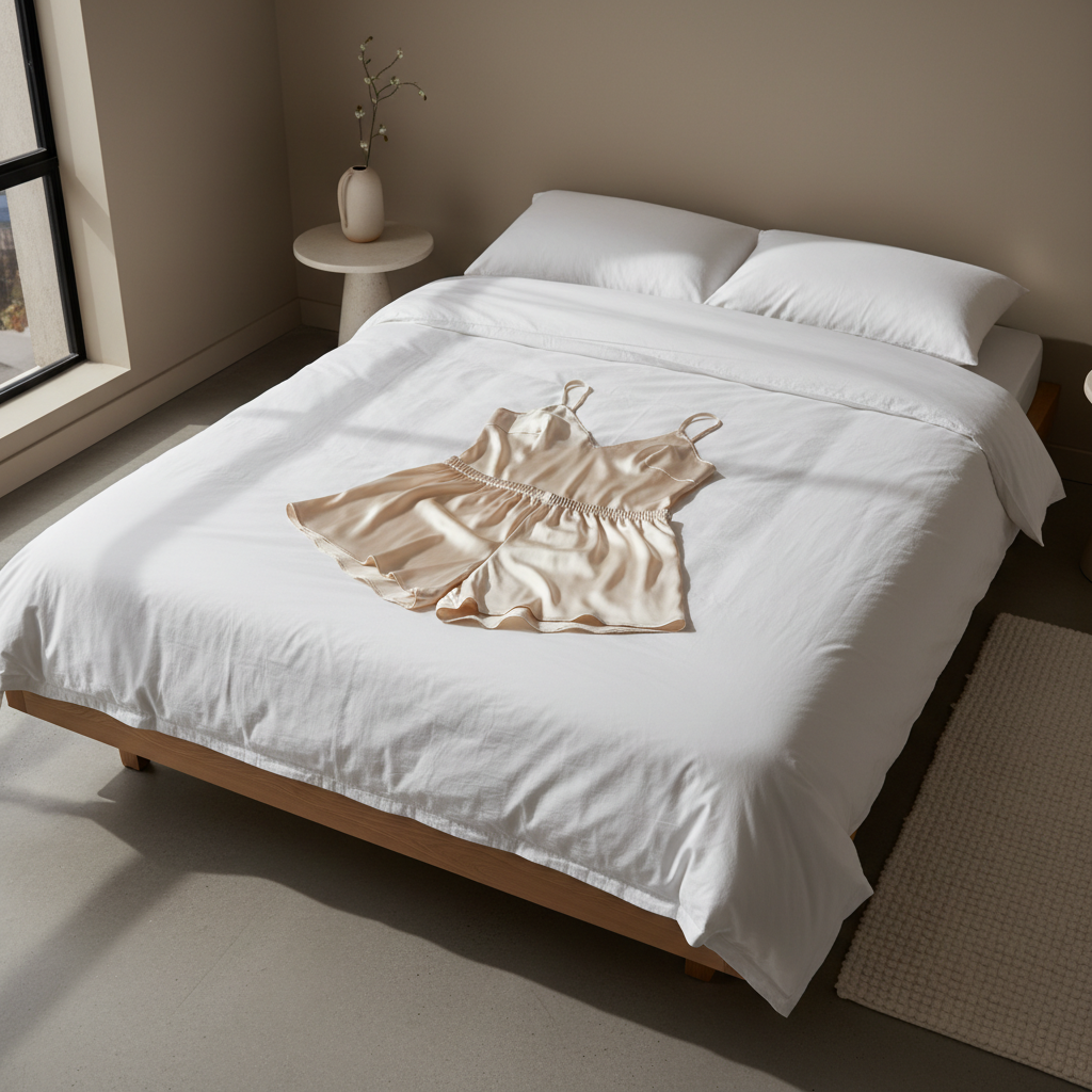 Women satin sleepwear set on a neatly made bed in a bright bedroom