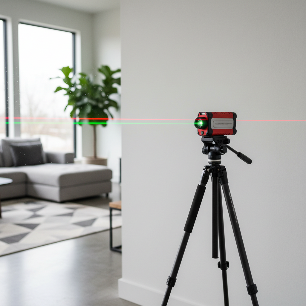 Laser line projector set up on a tripod projecting a level line across an interior wall