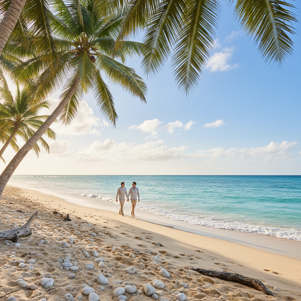 Sunlit subtropical beach getaway in winter with palm trees and clear water