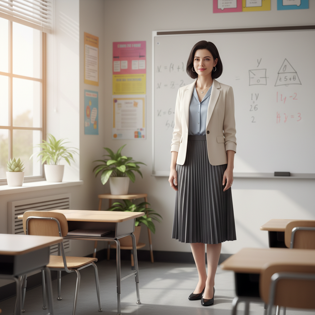 Modest professional teacher outfit with blazer and midi skirt in a classroom