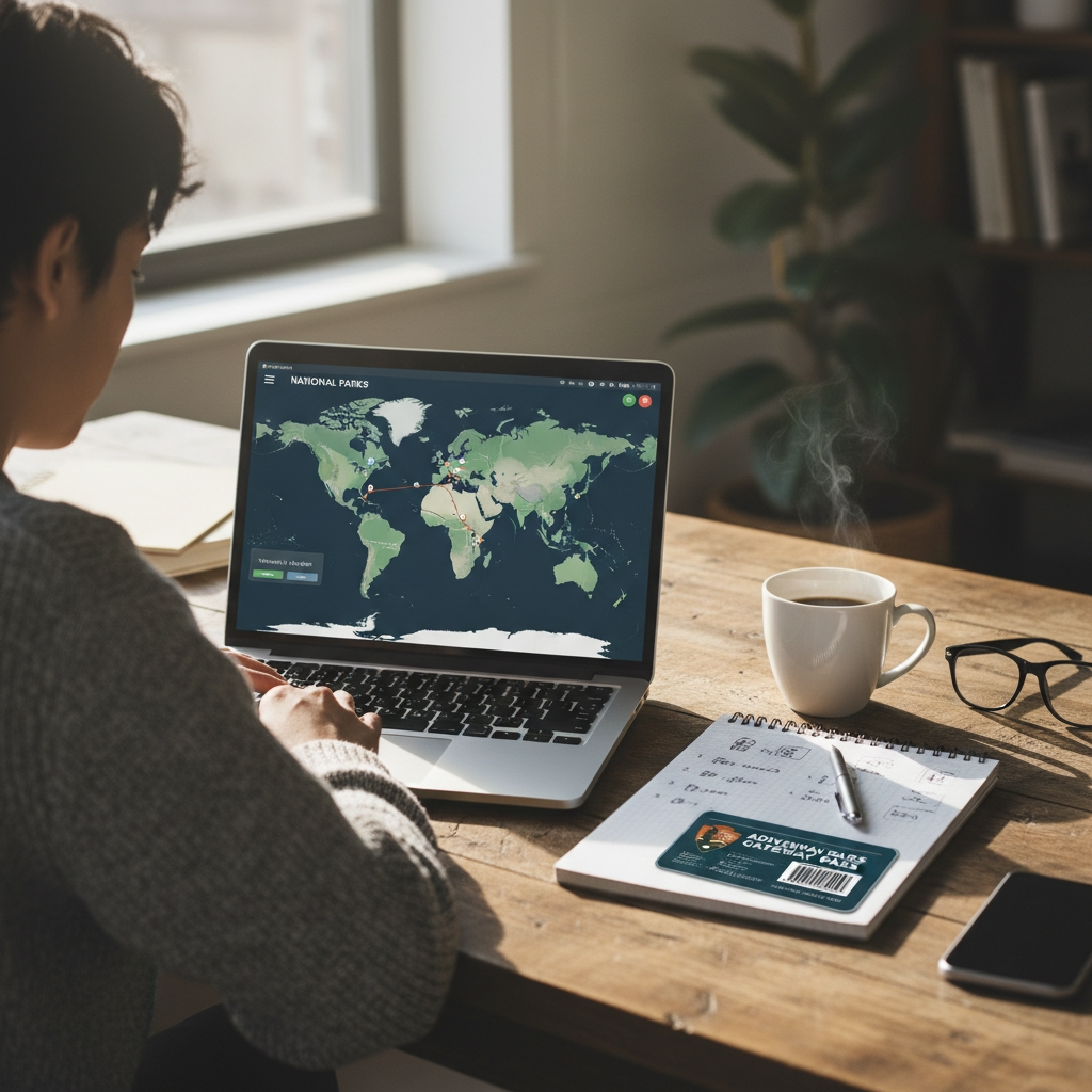 Traveler comparing valley destinations on a map with laptop and notes