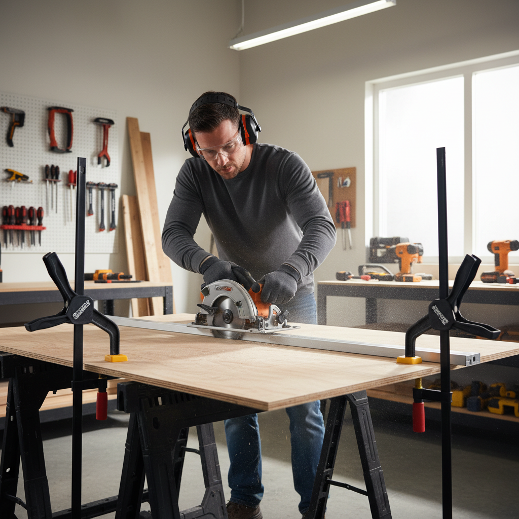 Circular saw guided by a straightedge for a clean cut on a plywood sheet