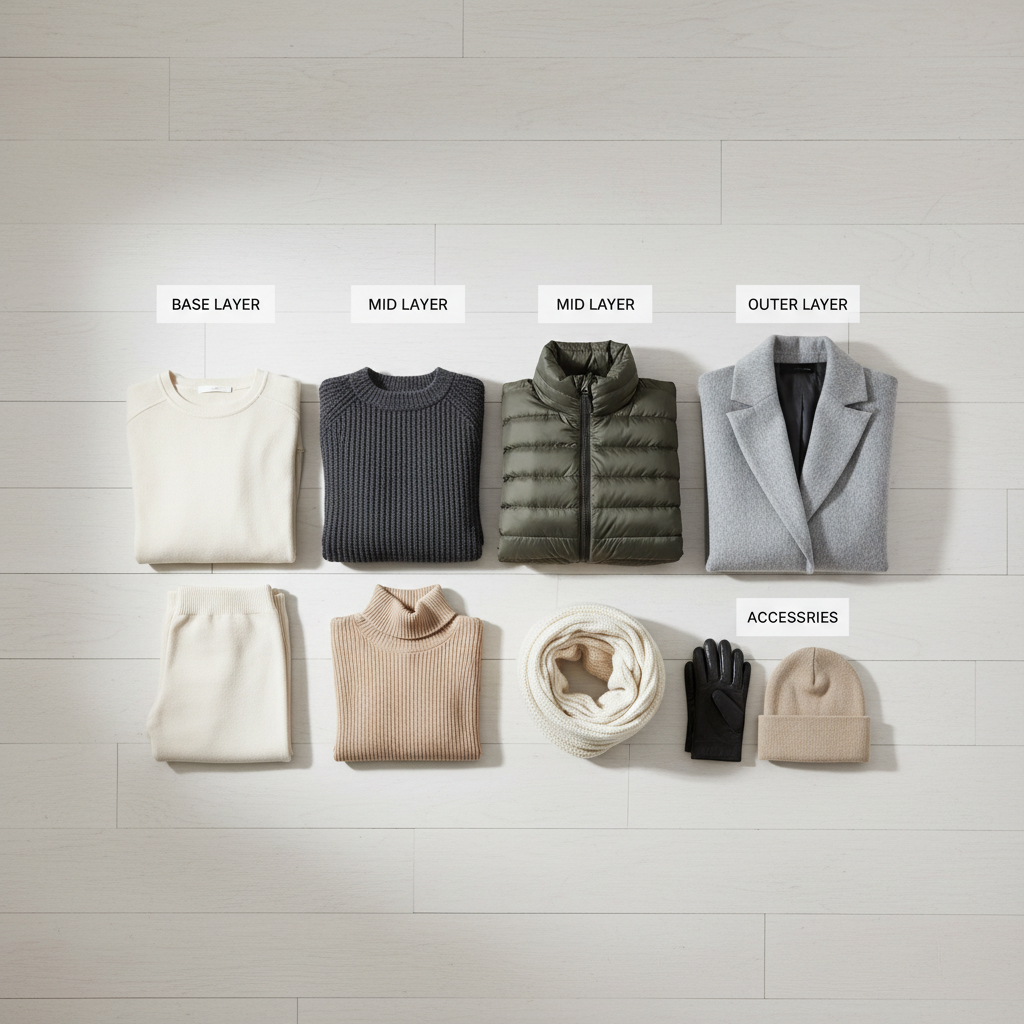 Winter layering outfits table showing base mid outer layers and accessories