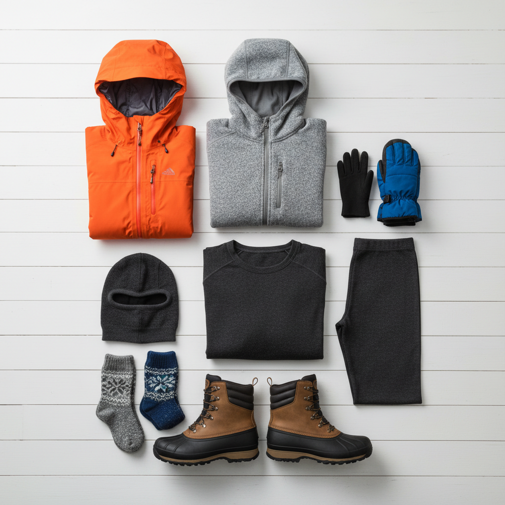 Arctic travel packing layout showing gloves, mittens, base layers, and insulated boots neatly organized