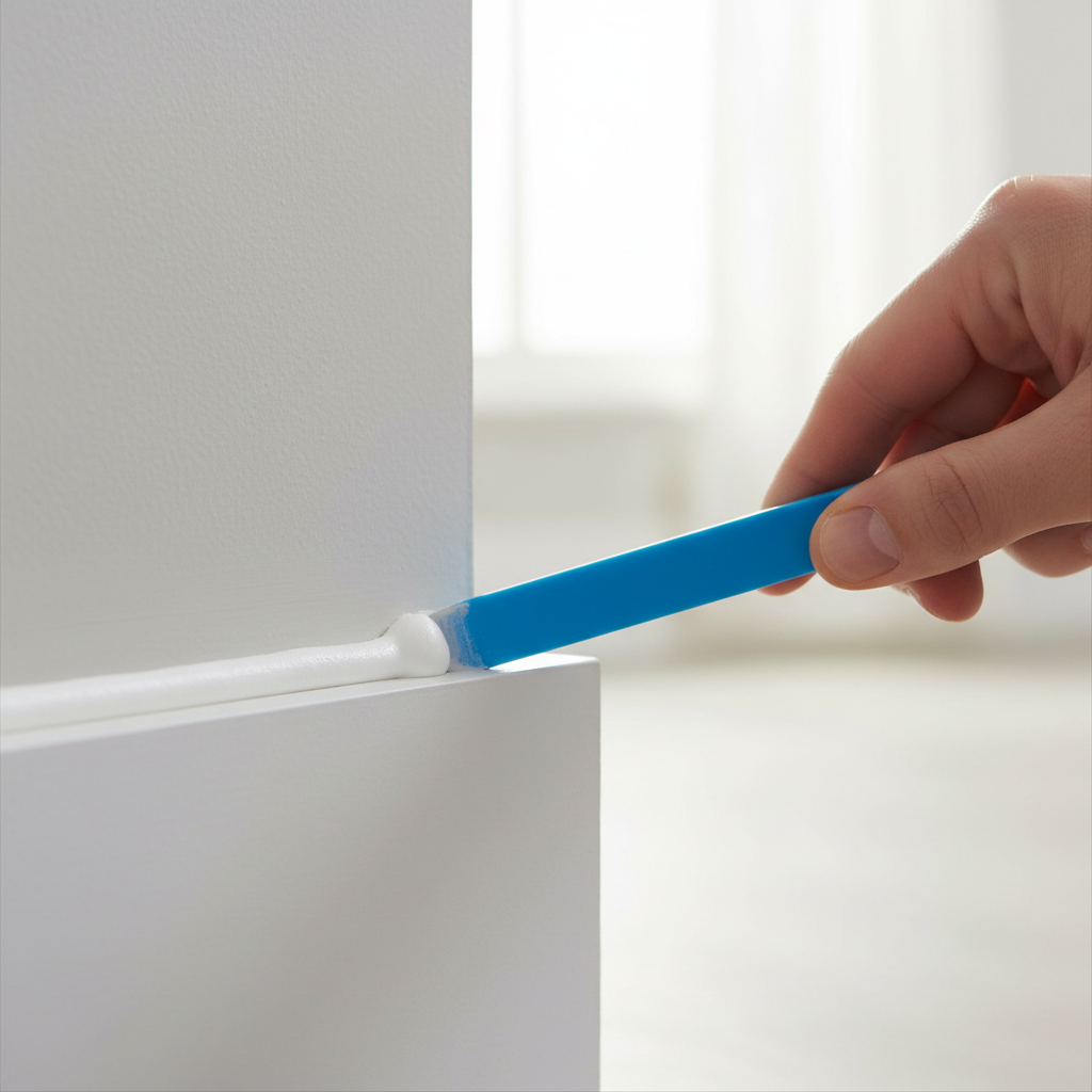 Using a caulk finishing tool to create a smooth concave bead along trim