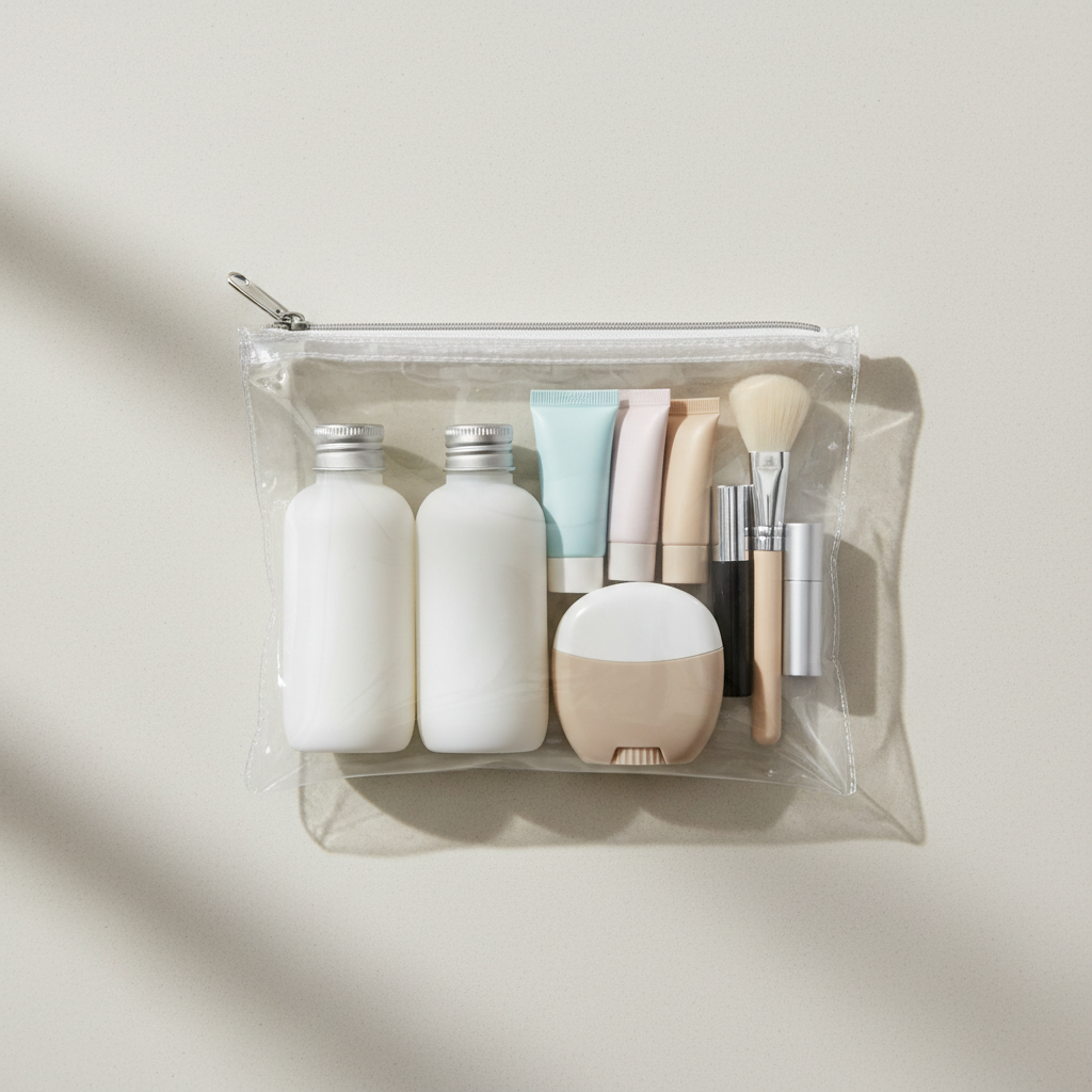 Carry-on clear quart bag with travel size beauty products and leakproof bottles