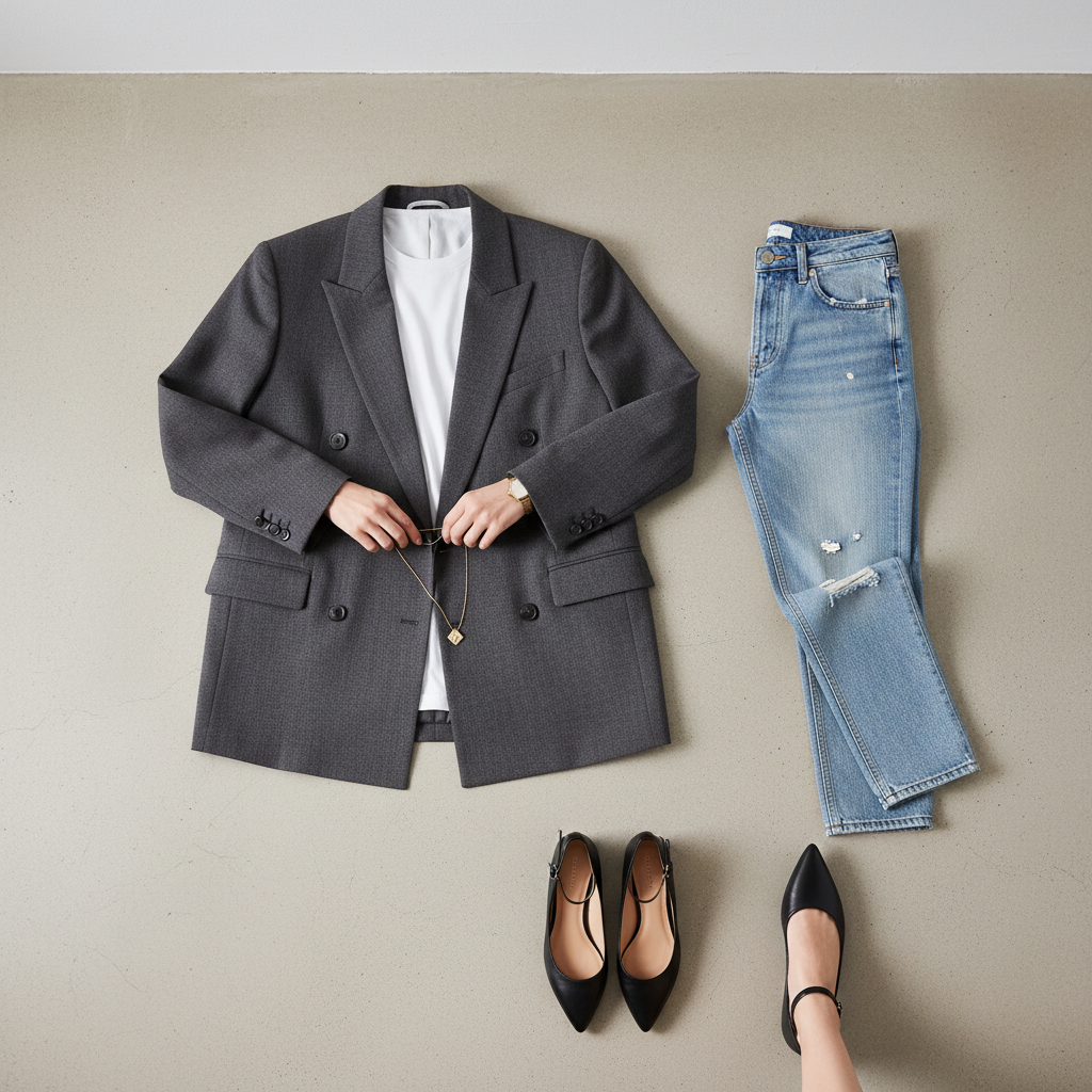 Oversized blazer outfit formula with straight jeans and pointed shoes