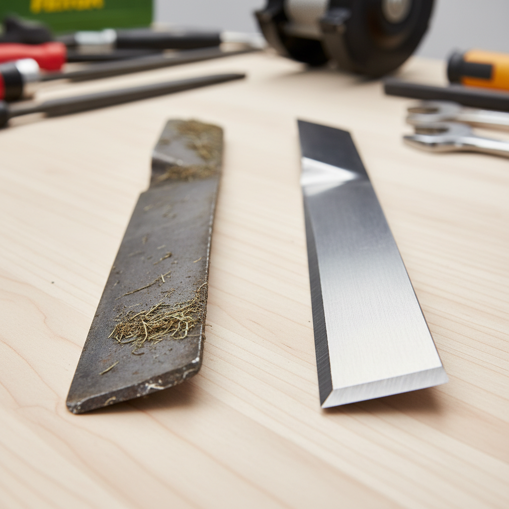 Dull vs sharp lawn mower blade edge close-up comparison