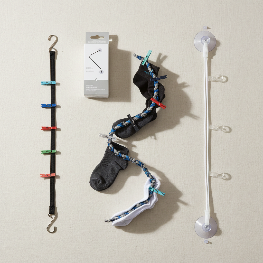 Comparison of travel clothesline types including bungee, twisted cord, and suction cup options