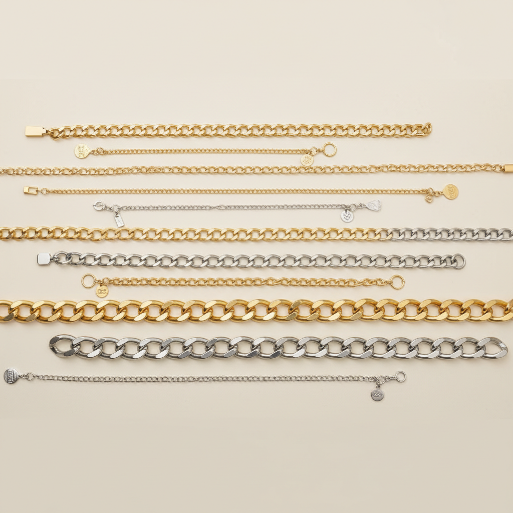 Close-up comparison of different chain belt link sizes and finishes