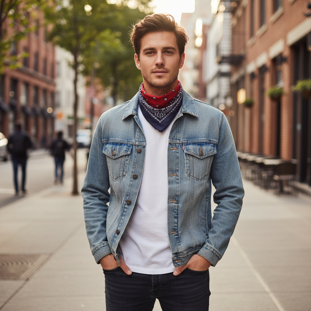 Men wearing a bandana around the neck with casual denim outfit