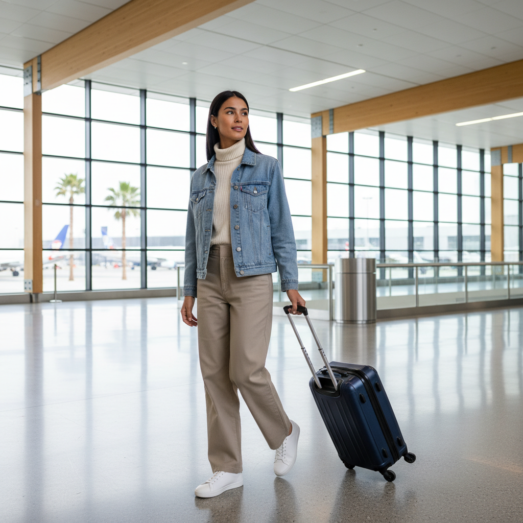 Travel-ready denim jacket outfit with carry-on and layered basics