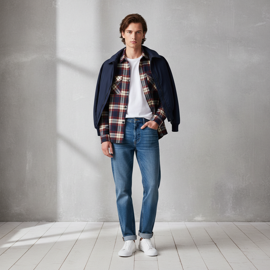 Plaid shirt layered as an overshirt with tee and lightweight jacket
