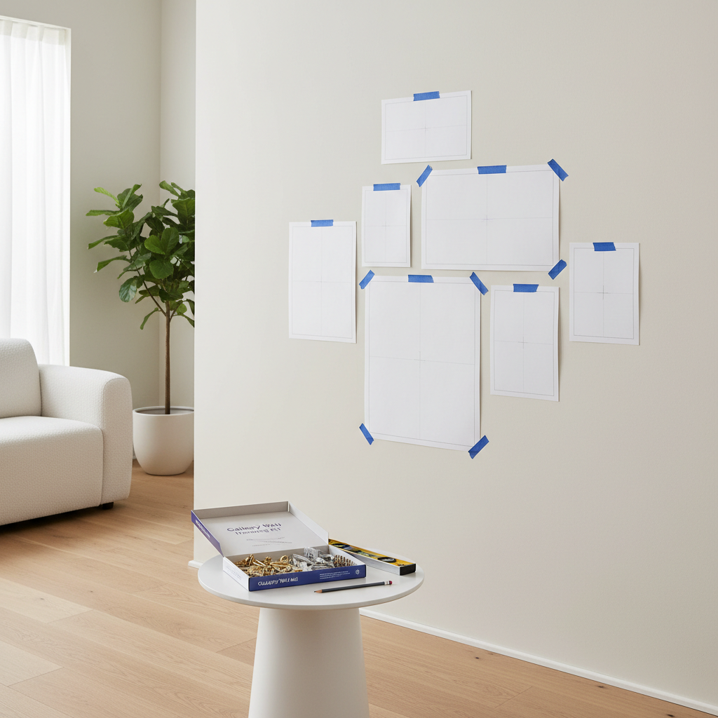 Gallery wall layout using a wall hook kit and paper templates for easy hanging
