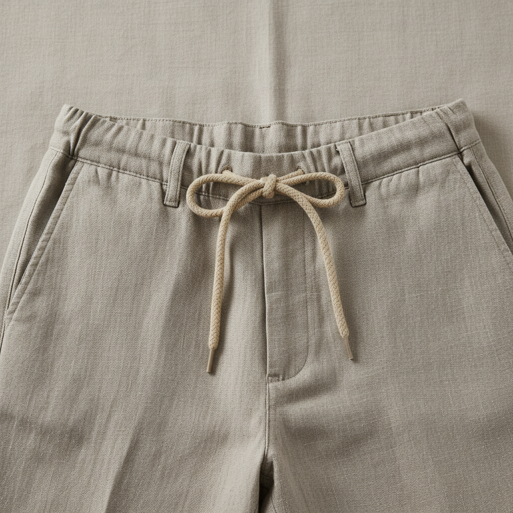 Close-up of linen fabric weave and waistband details on men casual loose linen pants