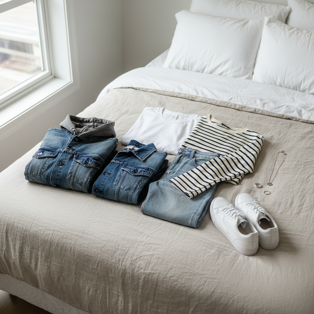 Back-to-school outfit capsule basics laid out on a bed: jeans, tees, jacket, sneakers