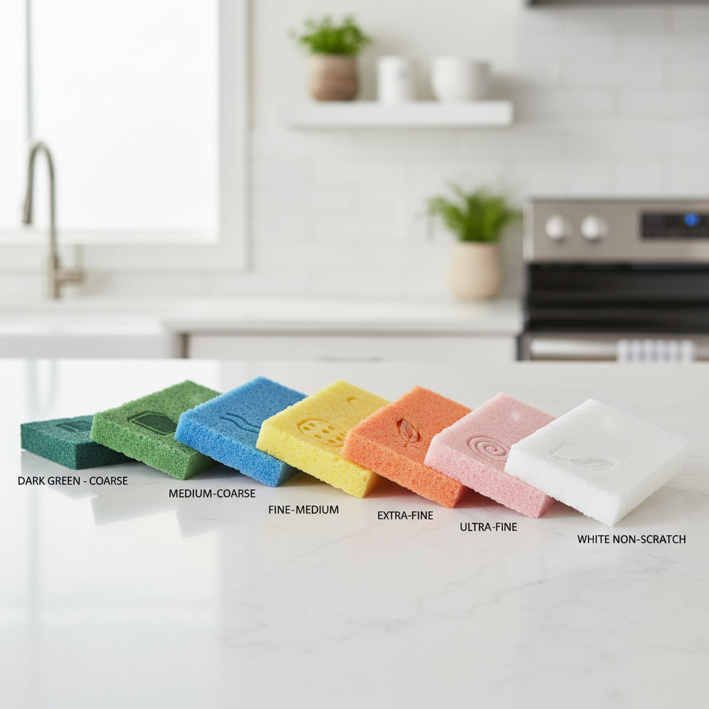 Assorted abrasive scouring pad set showing different colors and grit levels on a kitchen counter