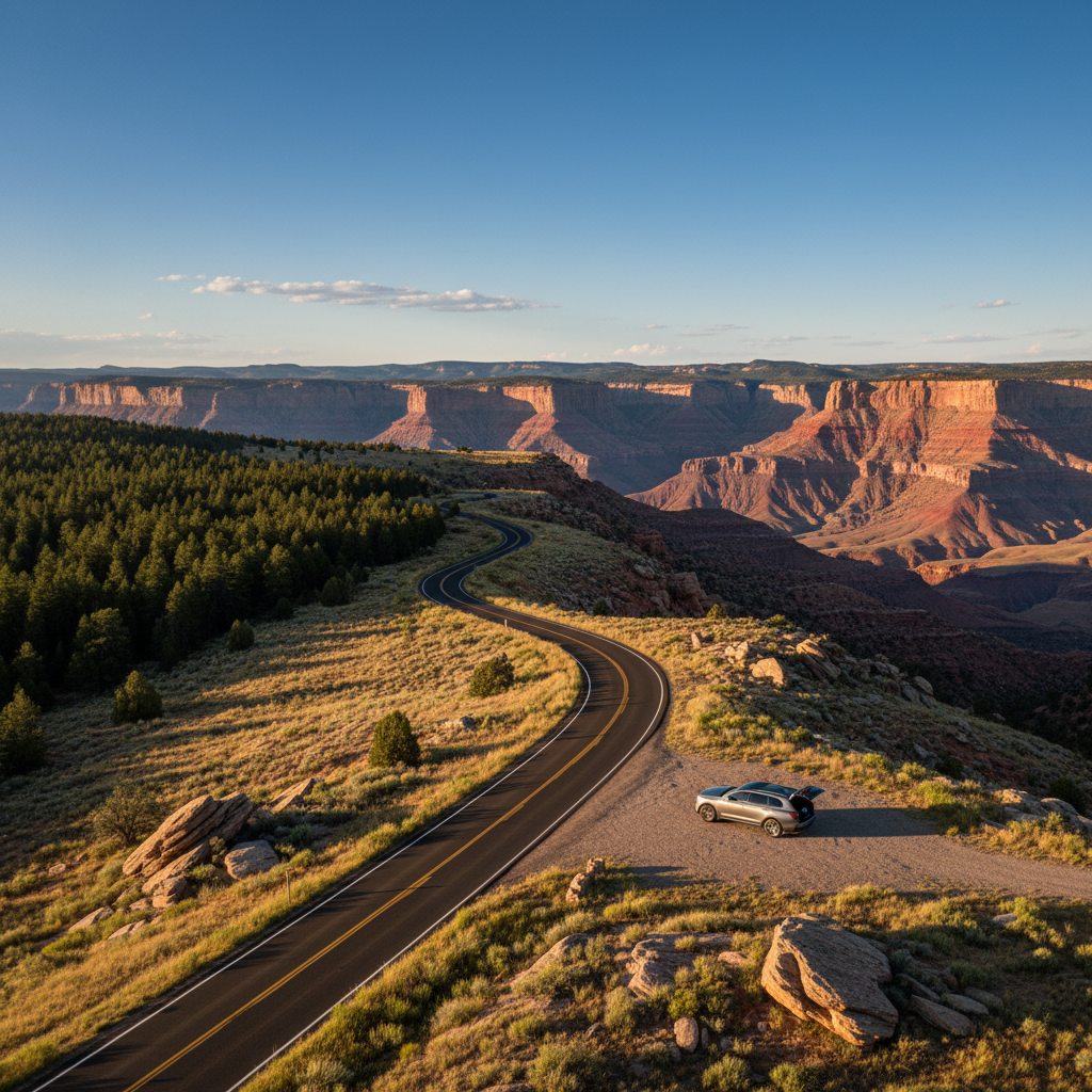 High-elevation plateau road leading to canyon viewpoints with pine forest and distant horizon