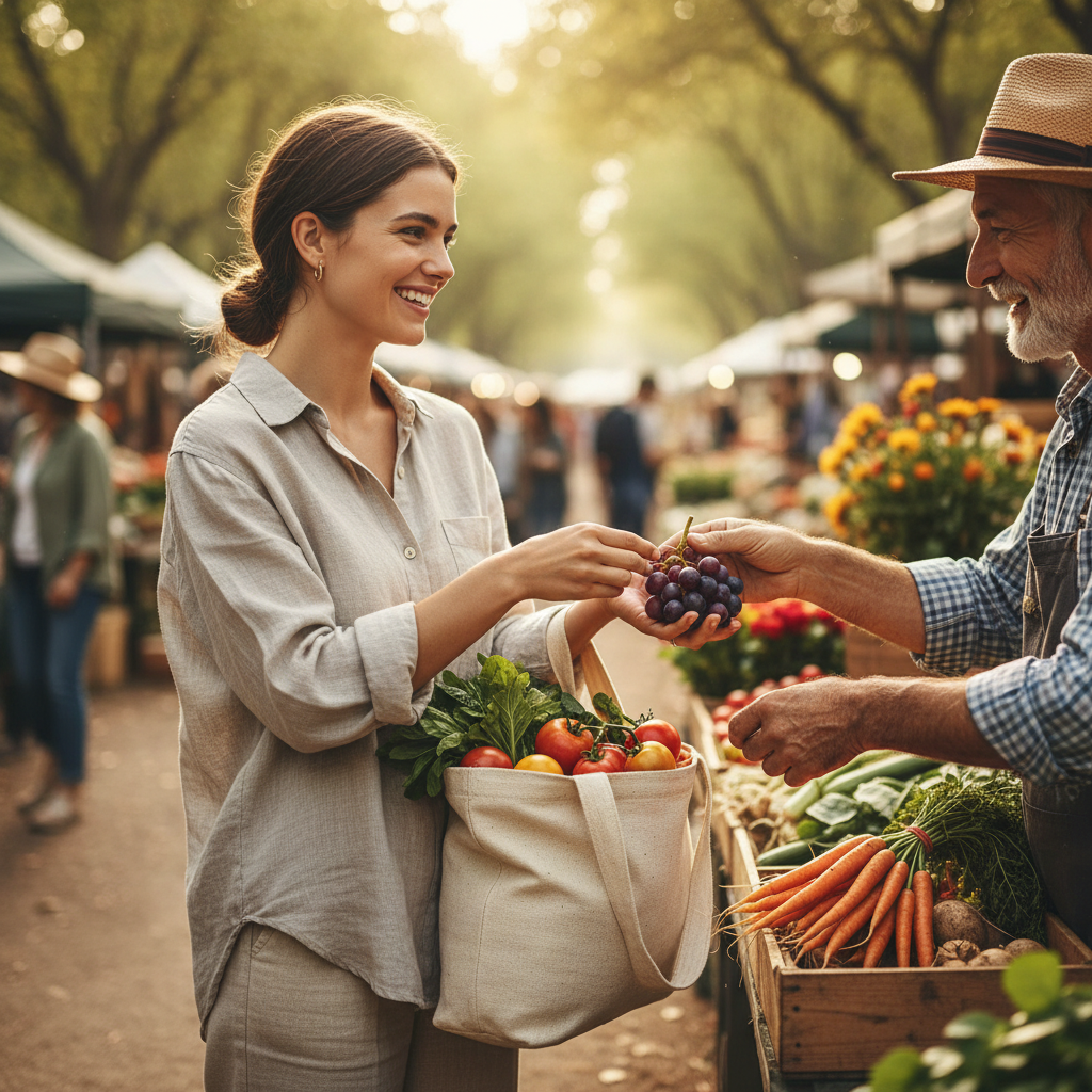 Traveler buying local produce at a farmers market with reusable tote bag