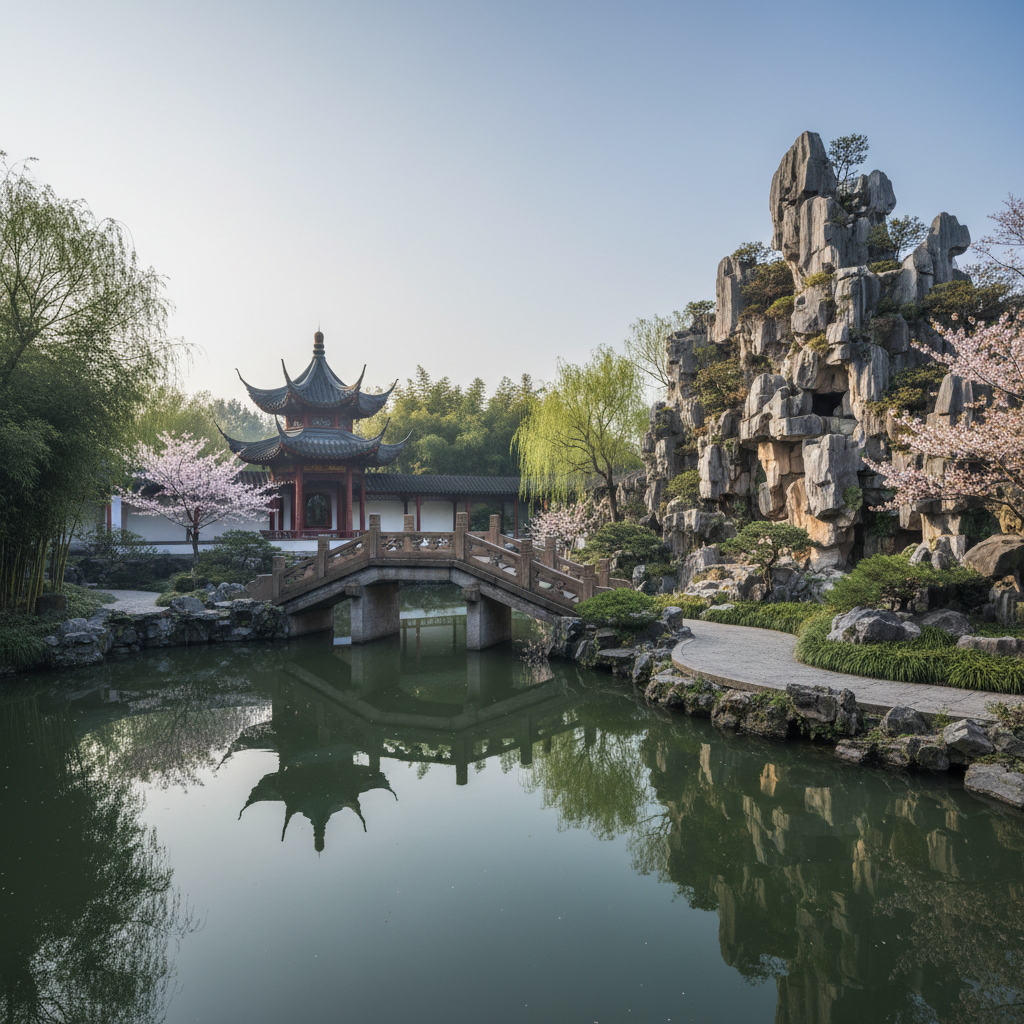 Classical Chinese garden with rockery, pond, and zigzag bridge