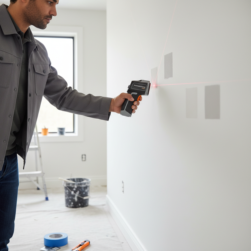 Handheld laser distance meter measuring a room wall for remodeling