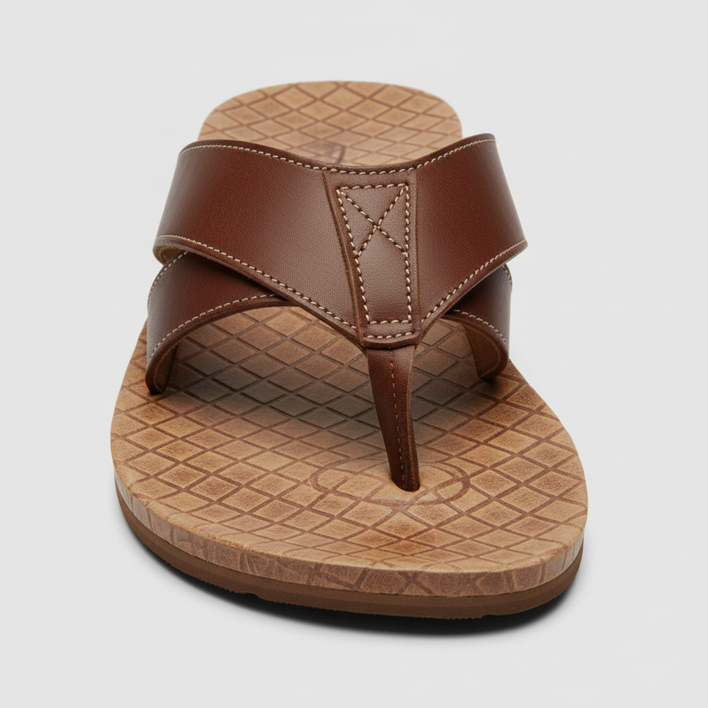 Close-up of leather flip flop footbed, arch support, and thong post detail