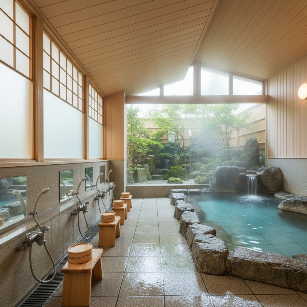 Japanese onsen bathing area showing shower stools and a soaking pool