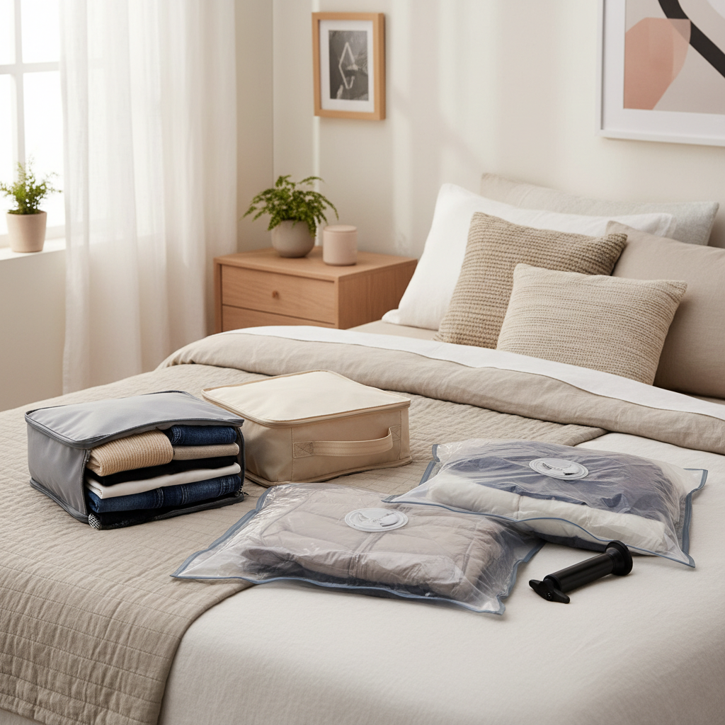 Comparison of compression packing cubes and vacuum travel bags on a bed