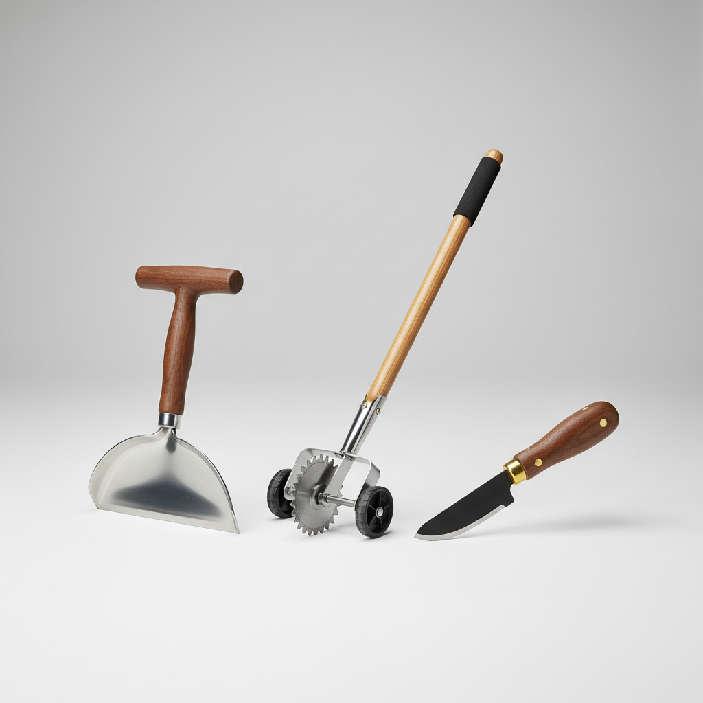 Different manual hand garden edger tools side by side: half-moon edger, wheel edger, edging knife