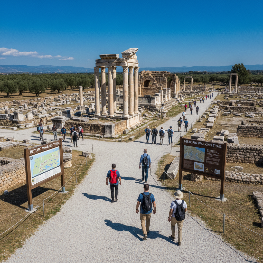 Wide view of ancient ruin pathways with visitors staying on marked trails