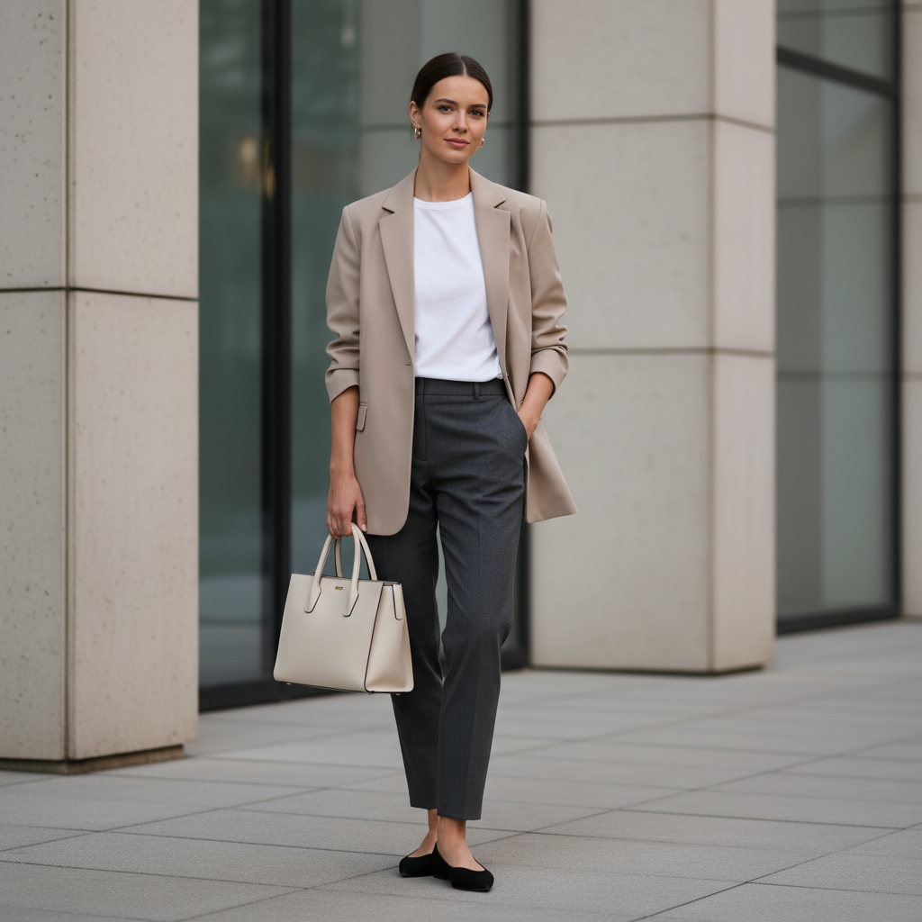 Polished ballet flats outfit with trousers and blazer