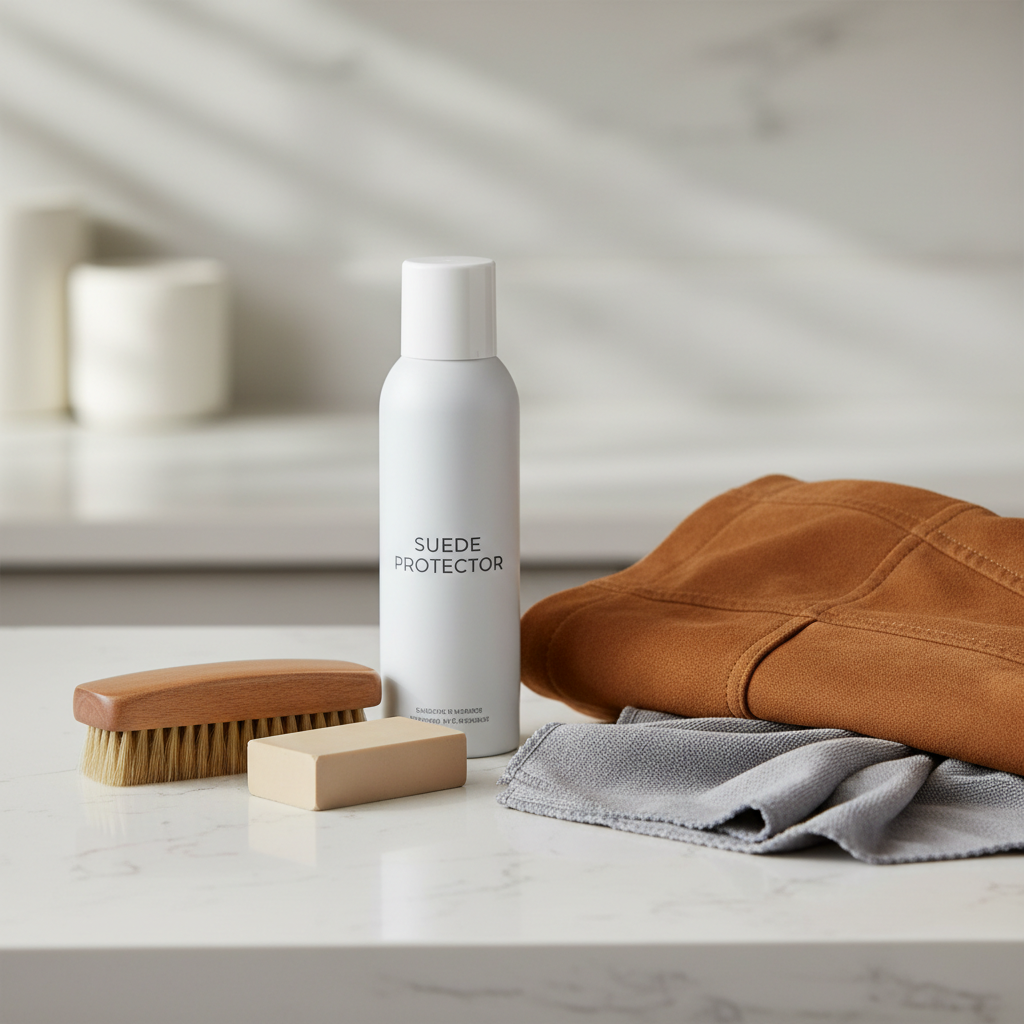 Suede jacket care tools including brush and protector spray