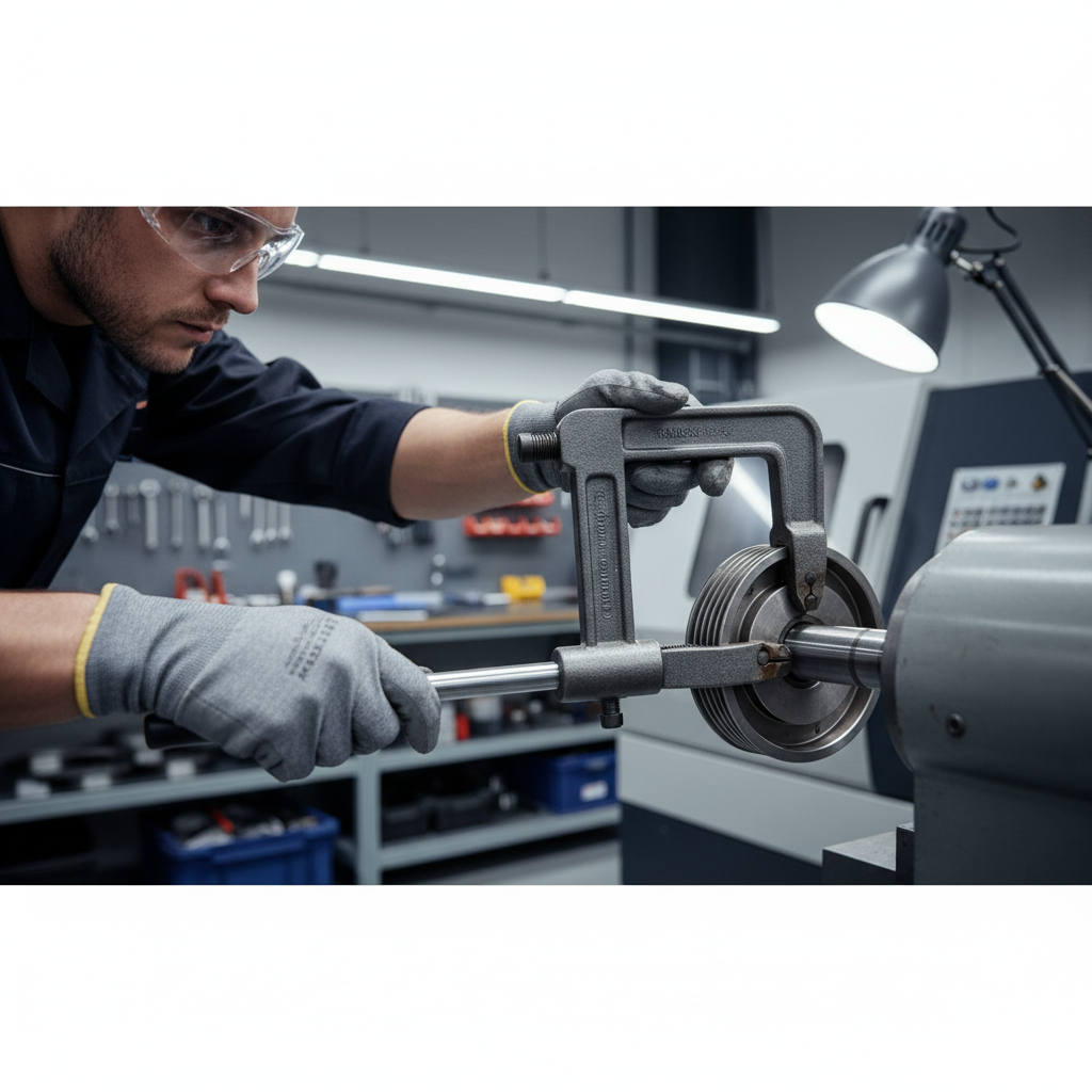 Technician using a 3 jaw adjustable puller on a pulley with safety glasses