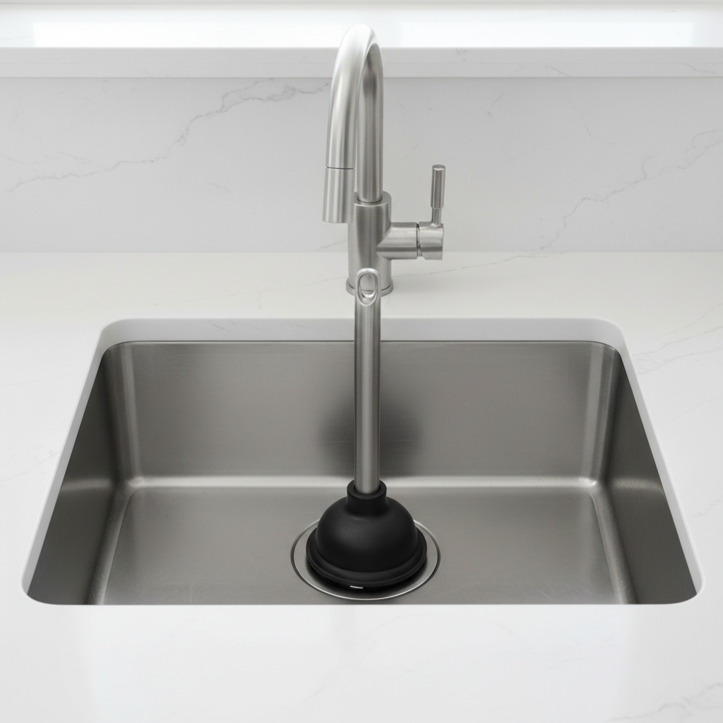 Cup plunger positioned over a sink drain for clog removal